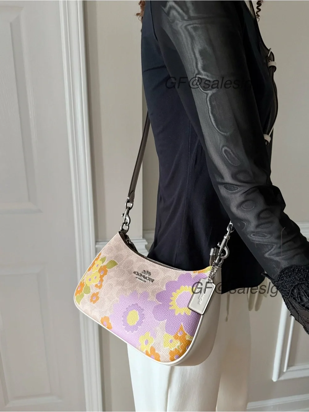 Coach Teri Shoulder Bag In Signature Floral Silver/Sand/Purple CBG73 NWT
